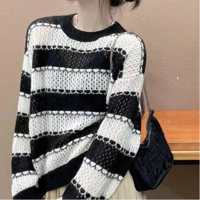 Lazy Style Loose Color-blocking Stripes Versatile Casual Base Round Neck Long Sleeve Sweater for Women