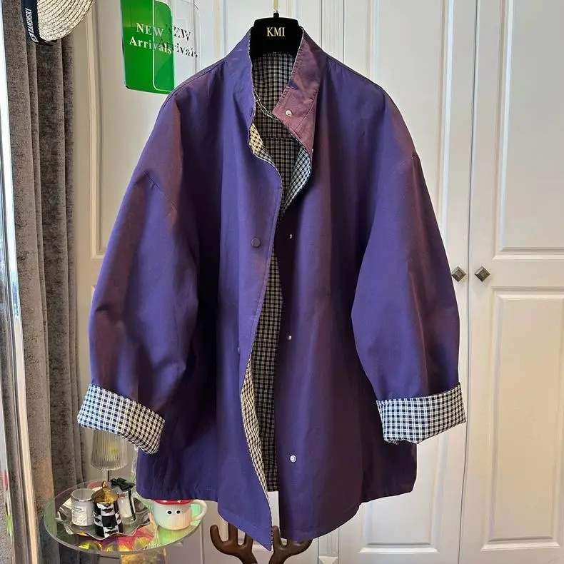 

Autumn Winter Large Size Plaid Double-Sided Wear Stand Collar Loose Faionable Men's Windbreaker Coat Youth Online Exclusive