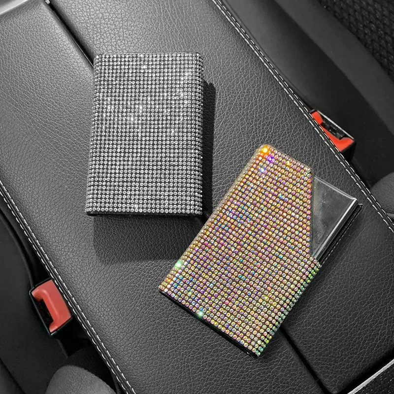 Shiny Diamond Crystal Car Business Card Case Holder 25 Capacity Beveled Card Holder Bling Car Interior Accessories for Women