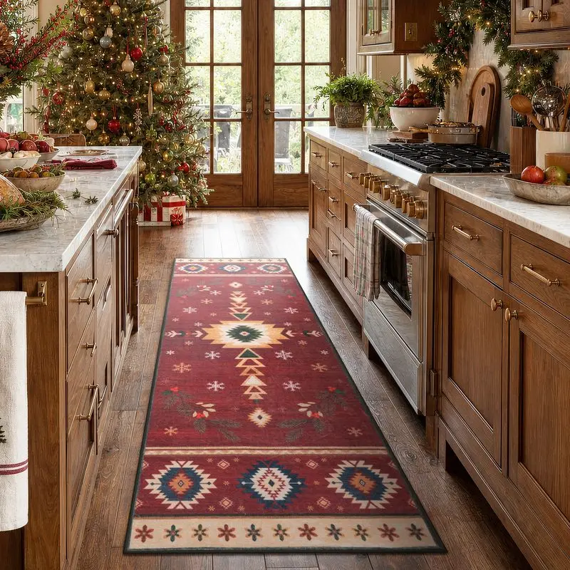 VIKAMA Southwestern Runner Rug Burgundy Geometric Tribal Hallway Long Carpet Non Slip Washable Entryway Christmas Holiday Decor