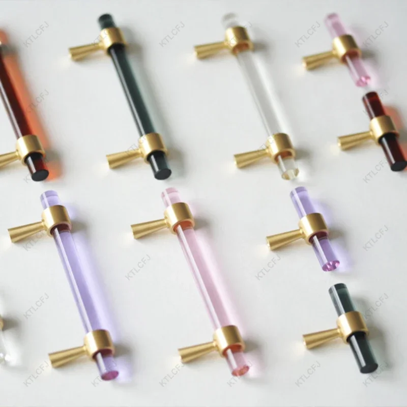 Colorful Transparent Acrylic Crystal Handle Modern Minimalist Cabinet Wardrobe Drawer Gold Brass Single Hole Door Handle