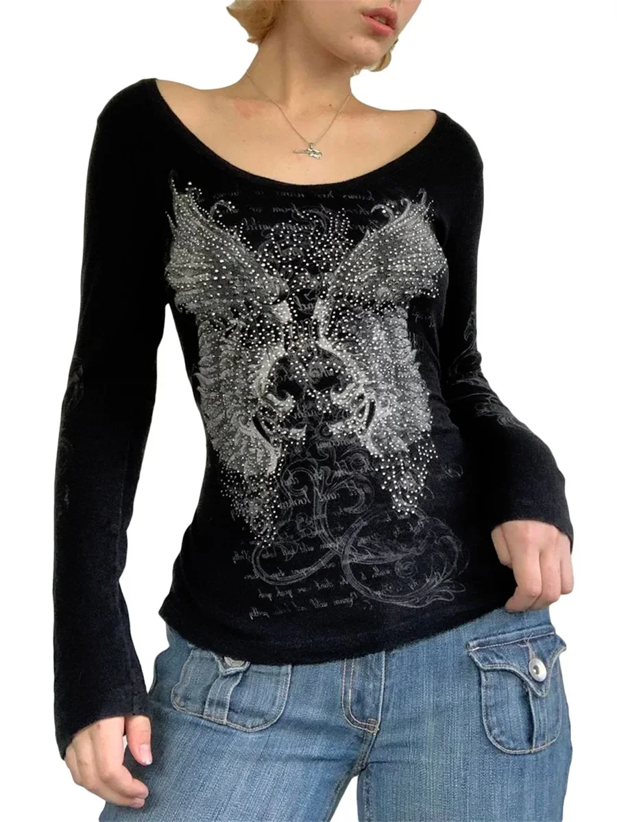 Autumn E-Girls Aesthetic Gothic Women'S Fashion Printed T-Shirt  Rhinestone Round Neck Long Sleeved Regular Fit Casual Black Top