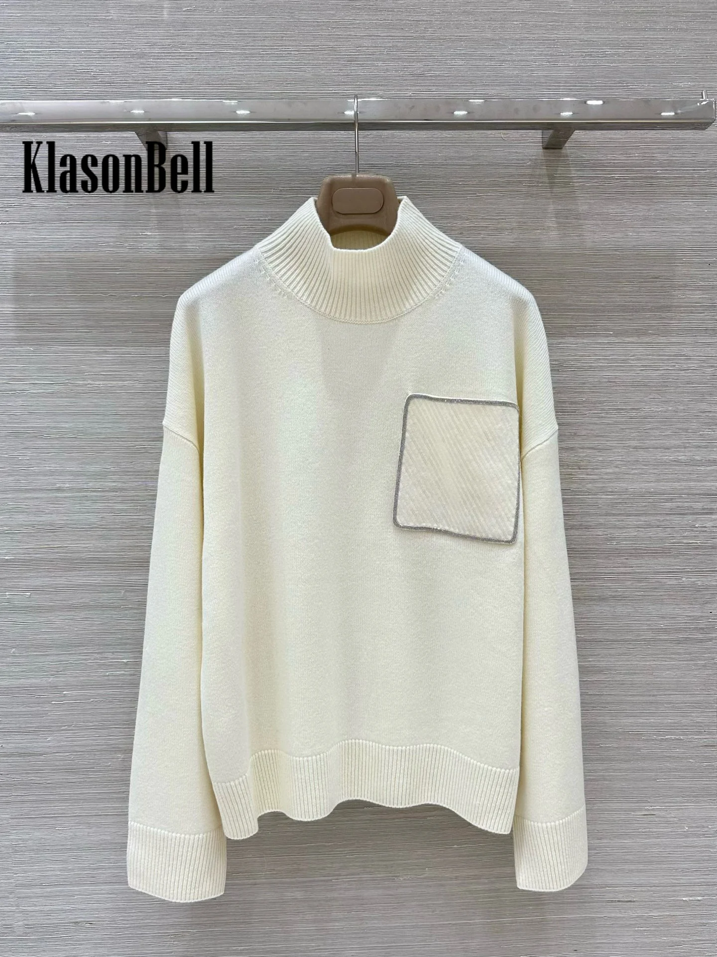 8.22 KlasonBell Women Sequins Bead Chain Pocket Turtleneck Knit Sweater + Elastic Waist Pants Cashmere Knit 2 Piece Casual Set