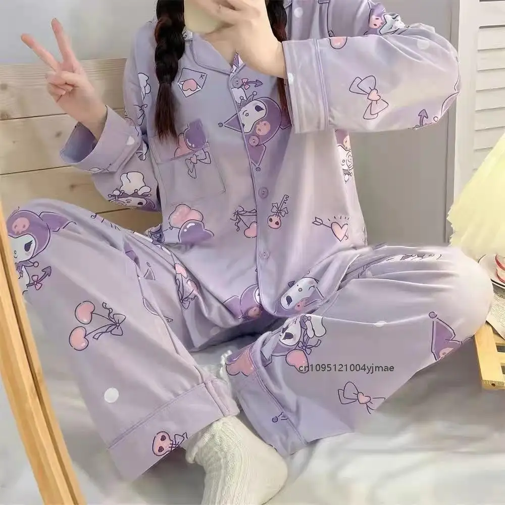 2 Stuks Anime Sanrio Vrouw Pyjama Set Hello Kitty Kuromi Kawaii Cartoon Losse Nachtkleding Pyjama Sets Meisje Lange Mouwen Homewear