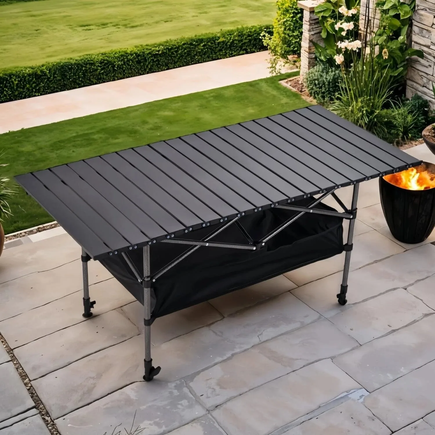 Portable Folding Camping Table 120cm Carbon Steel Picnic Table Height Adjustable Roll Up Desktop with Carry Bag for Outdoor BBQ