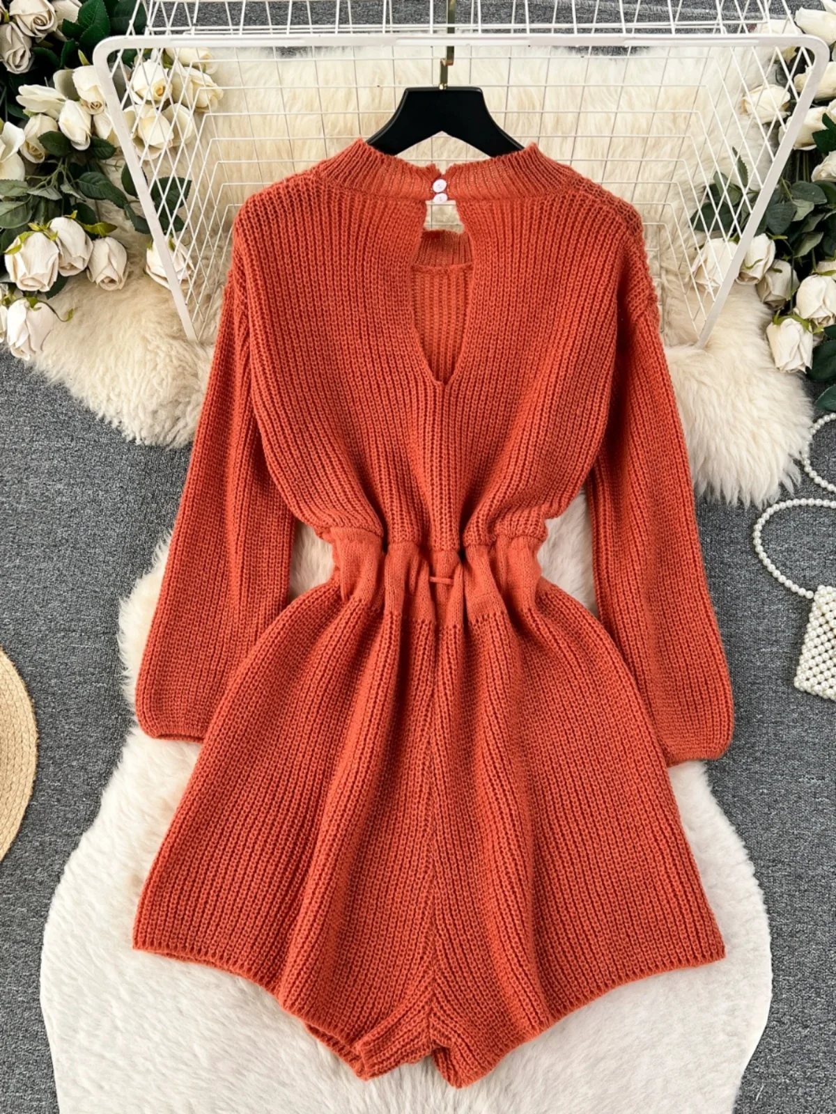Faionable Knitted One-Piece Pants Women's High Waist Hollow out round Ne Waist-Cinching Sweater orts Autumn Winter