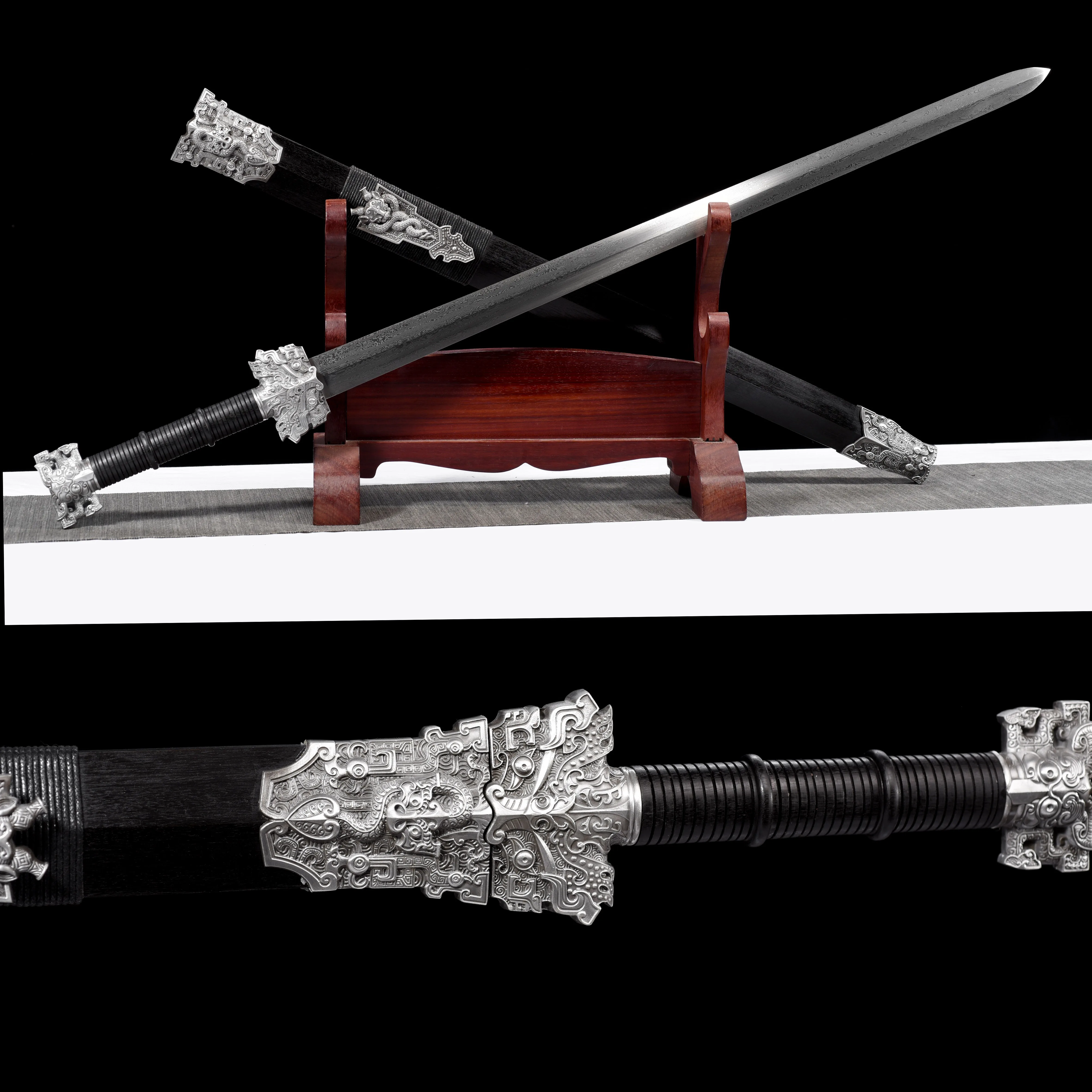 

Handcrafted from Damascus steel, finely ground on all four sides, Han King's Sword, Chinese kung fu martial arts ninja