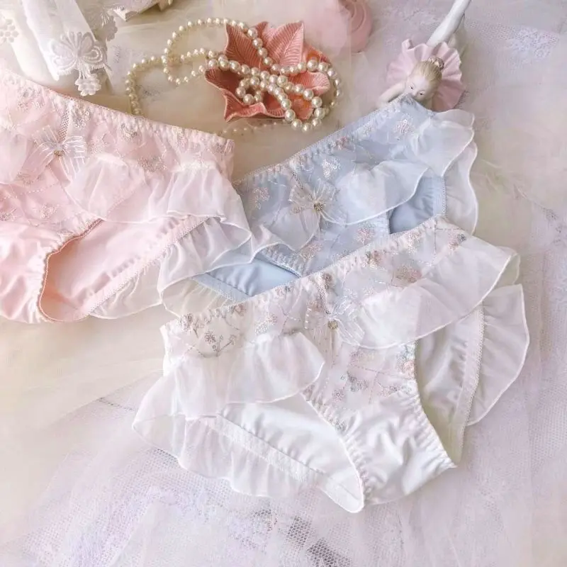 Women Milk Silk Smooth Soft Flower Embroidery Luxury Advanced Ruffles Underwear Princess Style Cute Lovely Sweety Panties Breifs