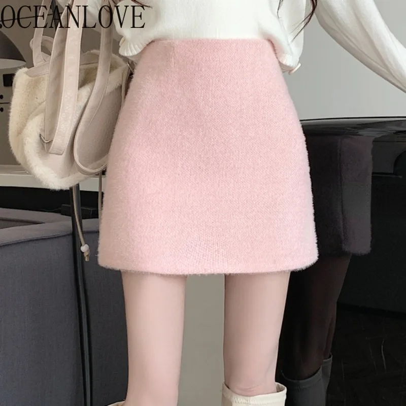 OCEANLOVE Woolen Pink Mini Skirts Thick A-line Autumn Winter Solid Sweet Faldas Mujer Korean Fashion Elegant Women Skirt