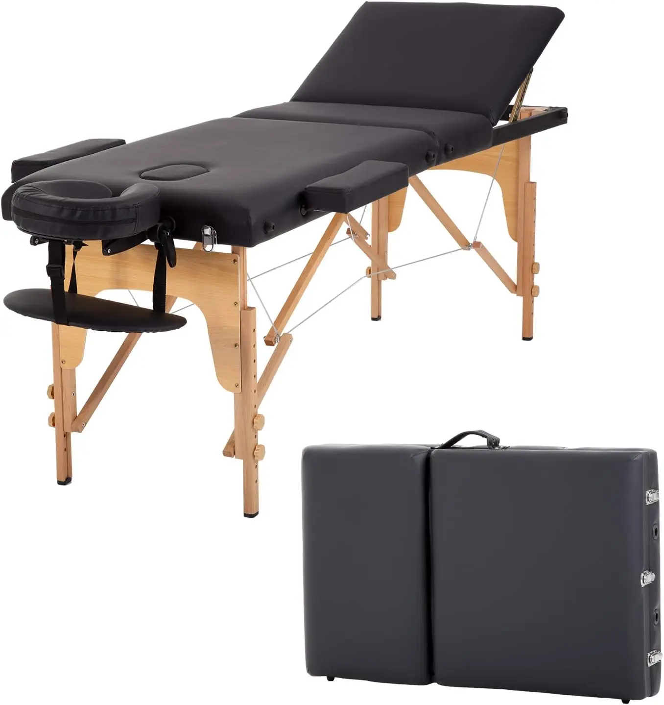 Portable Massage Table, Three Section Foldable Lash Bed, Spa And Tattoo Salon Workstation, Height Adjustable Beauty Treatment Table With Storage Bag, Modern Style, Black, 1 Piece