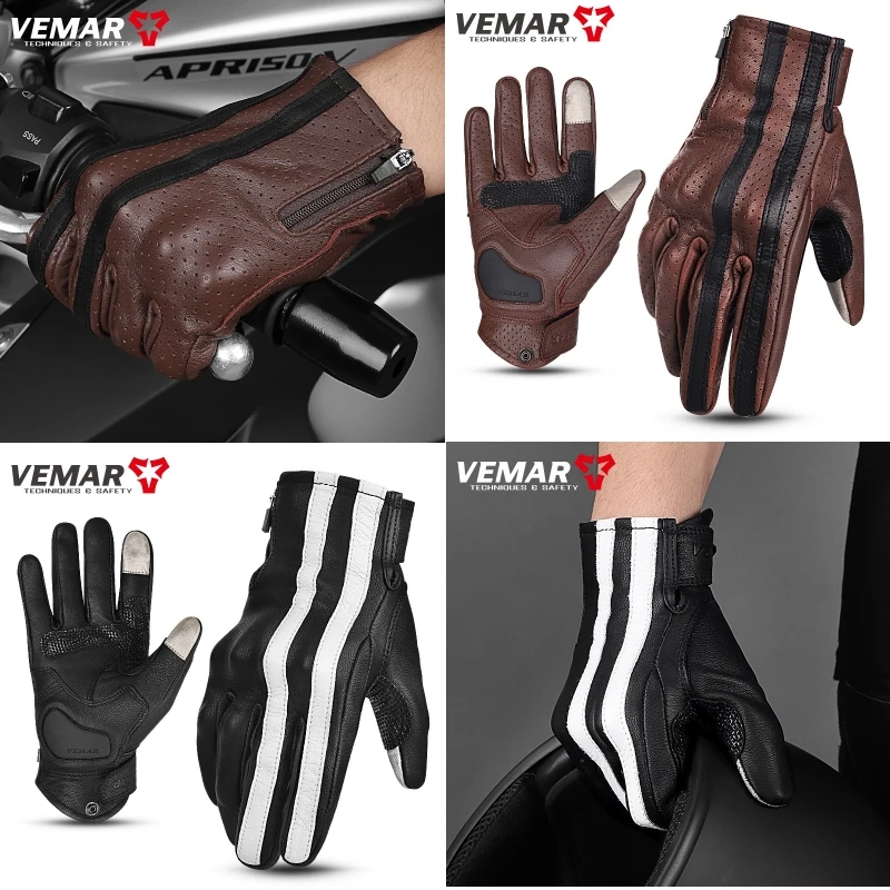 

VEMAR Motorcycle Leather Gloves Breathable Perforated Vintage Design Soft Leather Motorcycle Touchscreen Gloves