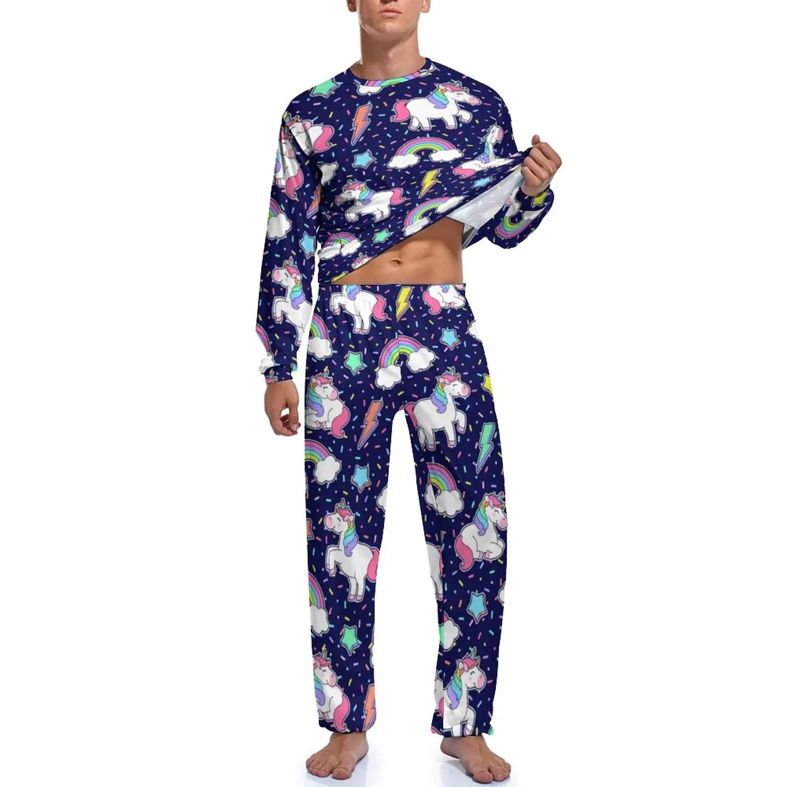 Pijama de unicornio para hombre, ropa de dormir de manga larga, con diseño de estrellas, arcoíris, Kawaii, para uso diario, 2 piezas