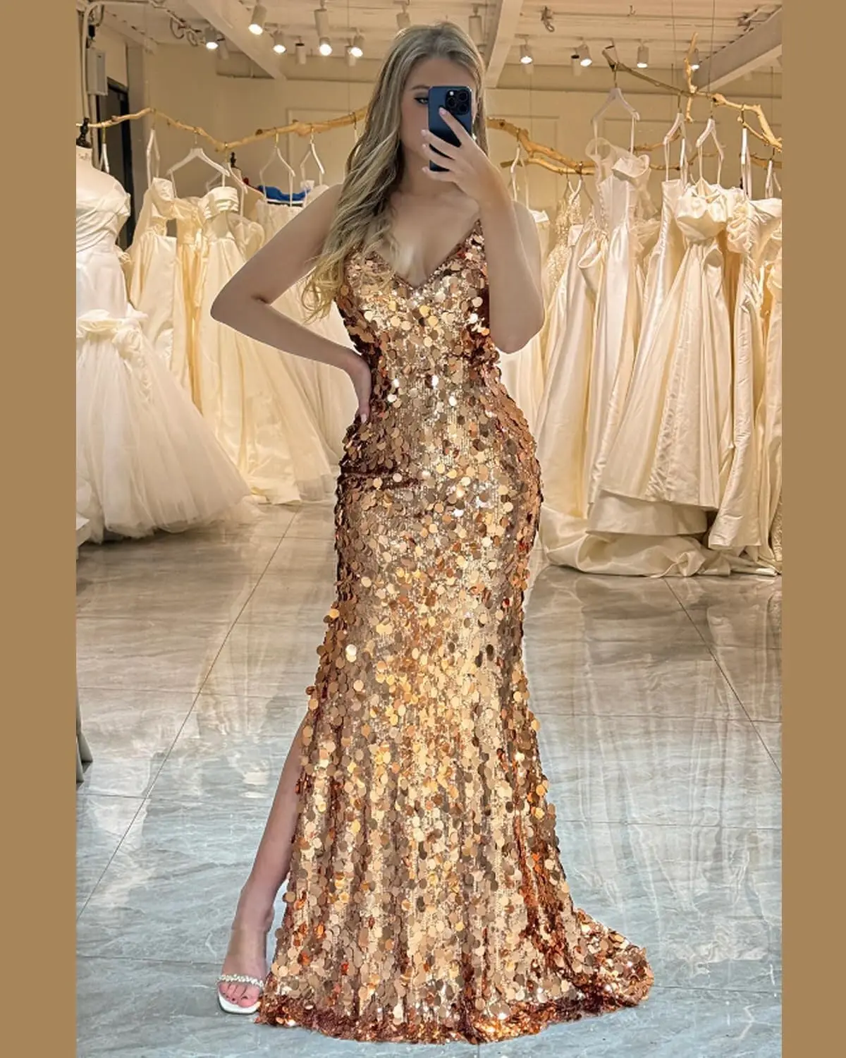 Women's Sequin Mermaid Prom Dress 2026 Spaghtti Straps Formal Dress with Slit Long Sparkly Ball Gown
