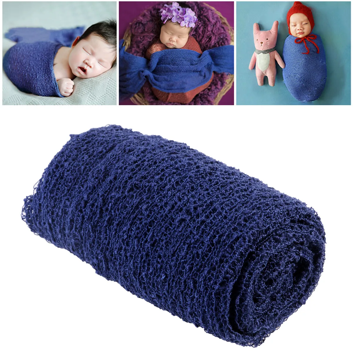 Super Stretchy Knit Newborn Wraps for Baby Photography Swaddling Warm Weave Texture Decorative Blanket Blue