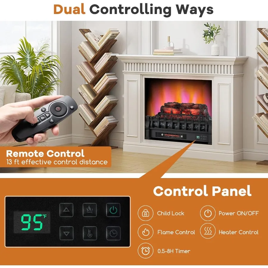Riscaldatore per camino elettrico da 23 pollici con quarzo a infrarossi con protezione da surriscaldamento del termostato regolabile con luminosità della fiamma a 5 livelli