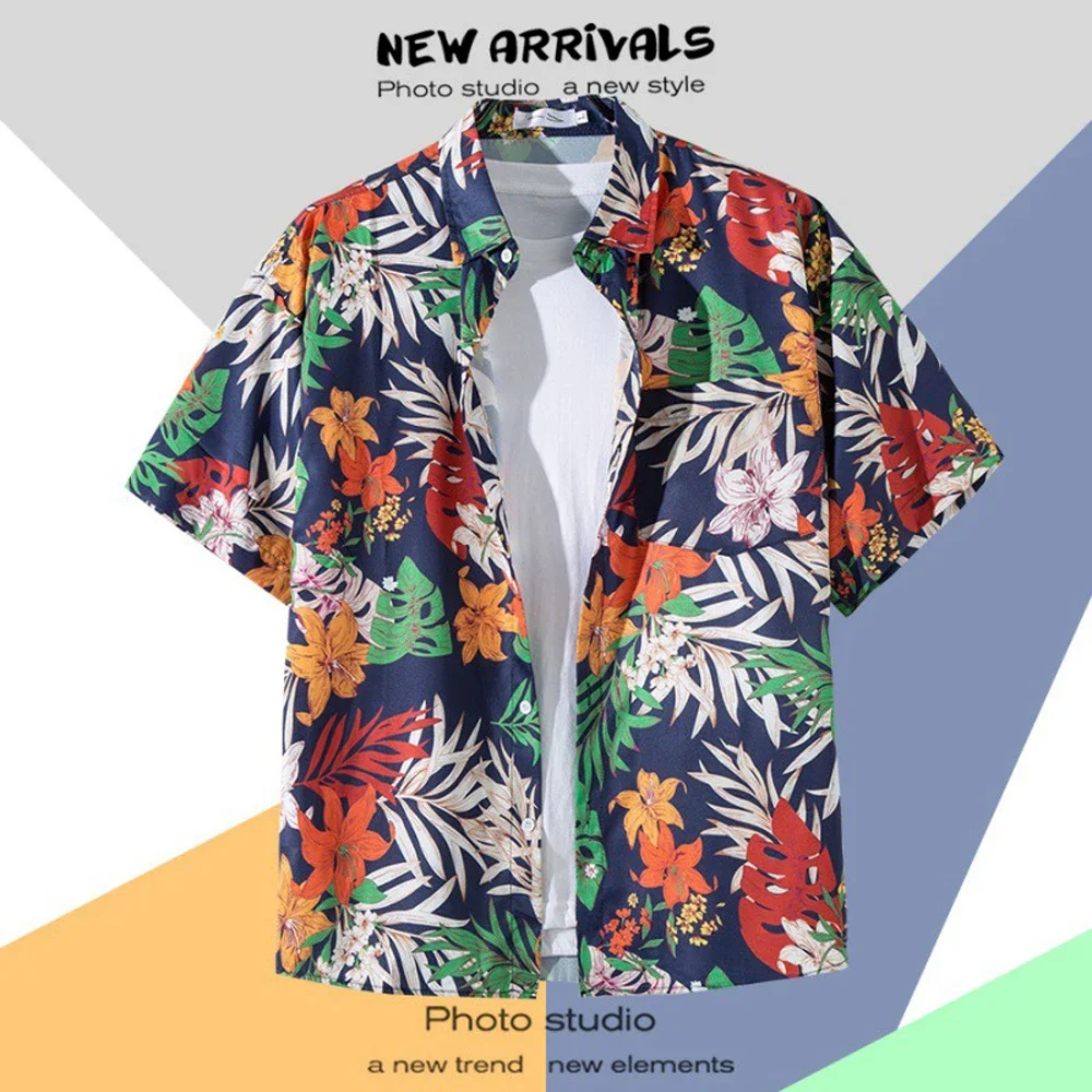 Kemeja Hawaii pria, kerah kancing cetak lengan pendek baju bunga Retro Hong Kong liburan musim panas kemeja pantai