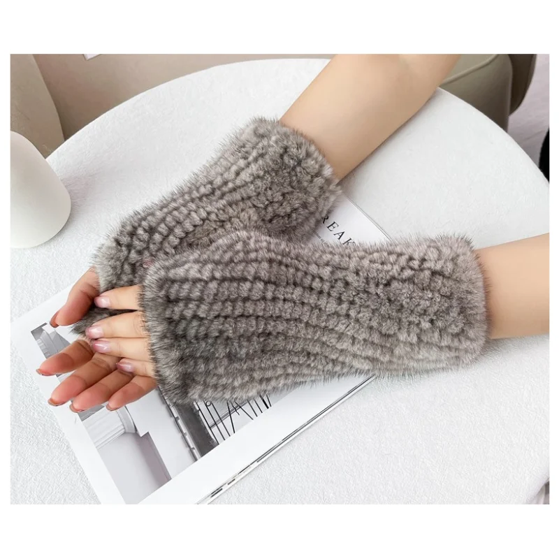 

Wholesale High Quality Real Mink Fur Gloves For Women Winter Hand Warm Fingerless Knitted Mink Fur Wrist Warmer