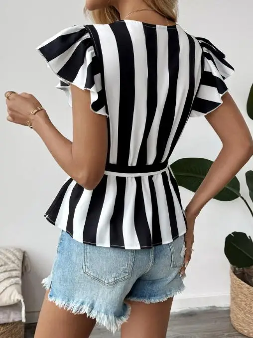 

Women's Classic Minimalist Style Short Sleeve Blouse V - Neck with Striped Pattern and Ruffled Sleeves Cinched with Waist Tie