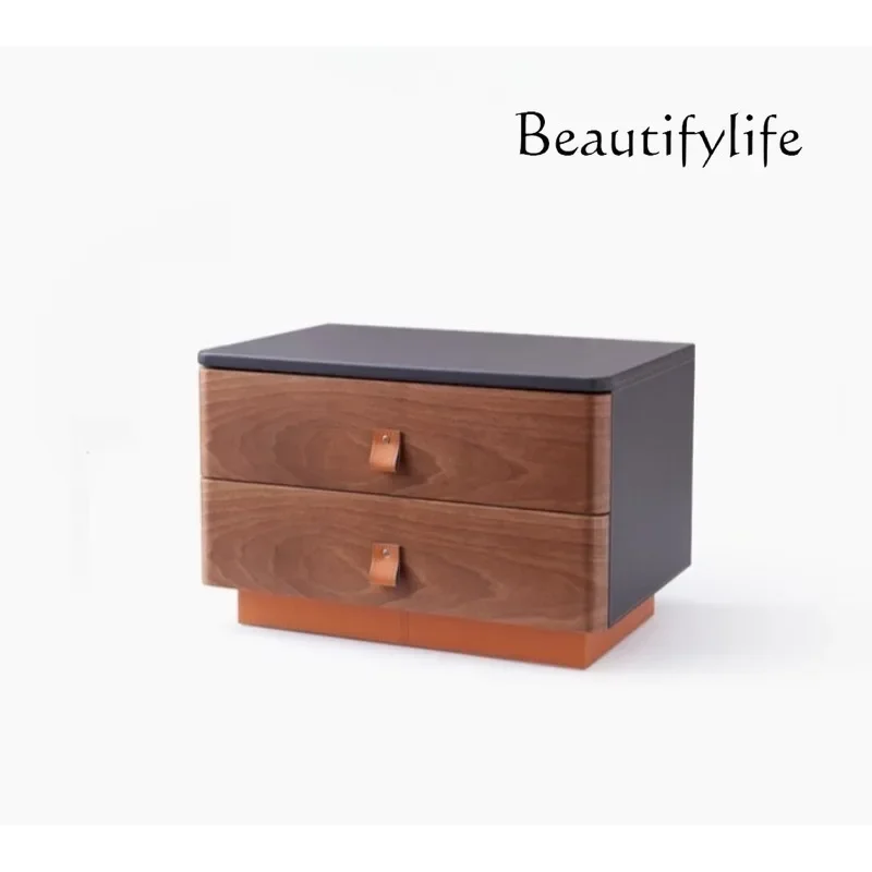 

J R Italian Minimalist Saddle Leather Bedside Table Solid Wood Light Luxury High-end Designer Bedroom Bedside Table