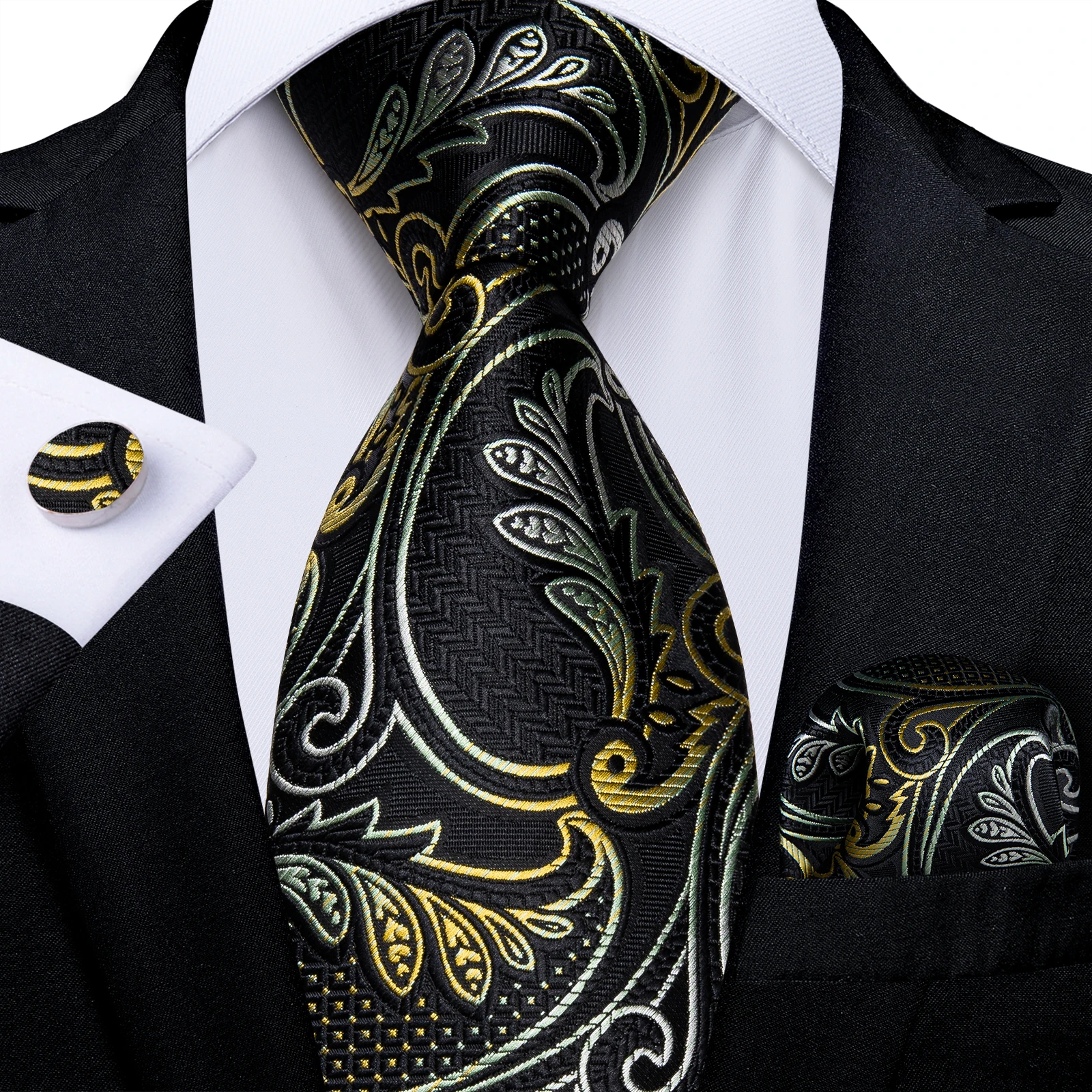 Gold Paisley Black Silk Ties For Men Luxury Wedding Accessories 8cm Neck Tie Pocket Square Cufflinks Dropshipping Men's Gift