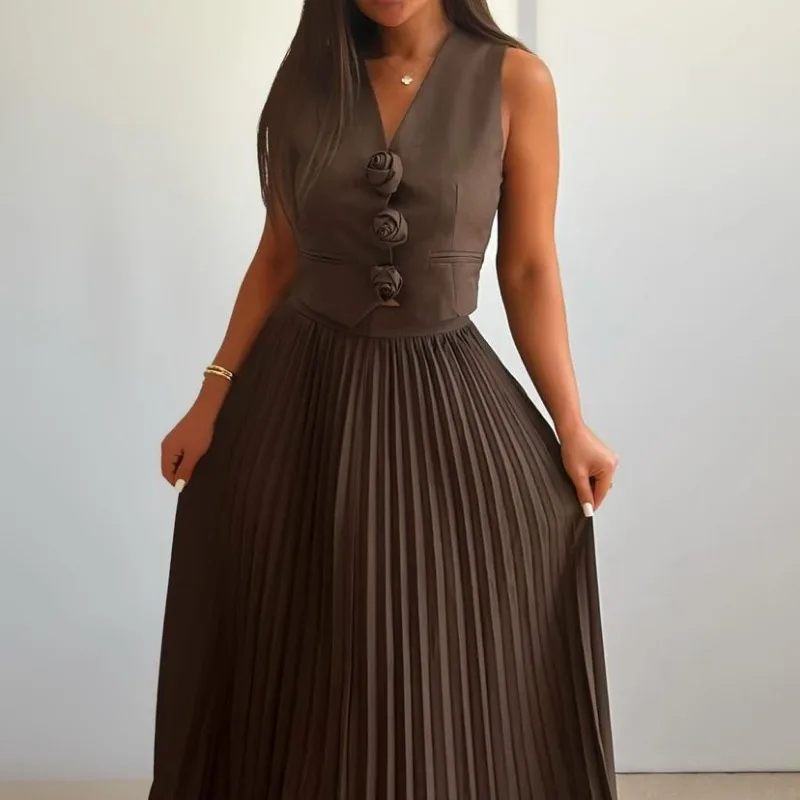 

Лето 2025 г., элегантный женский комплект из двух предметов с юбкой, сексуальный жилет без рукавов с цветочным принтом, верхняя рубашка с высокой талией, плиссированная макси-юбка, костюм, наряды