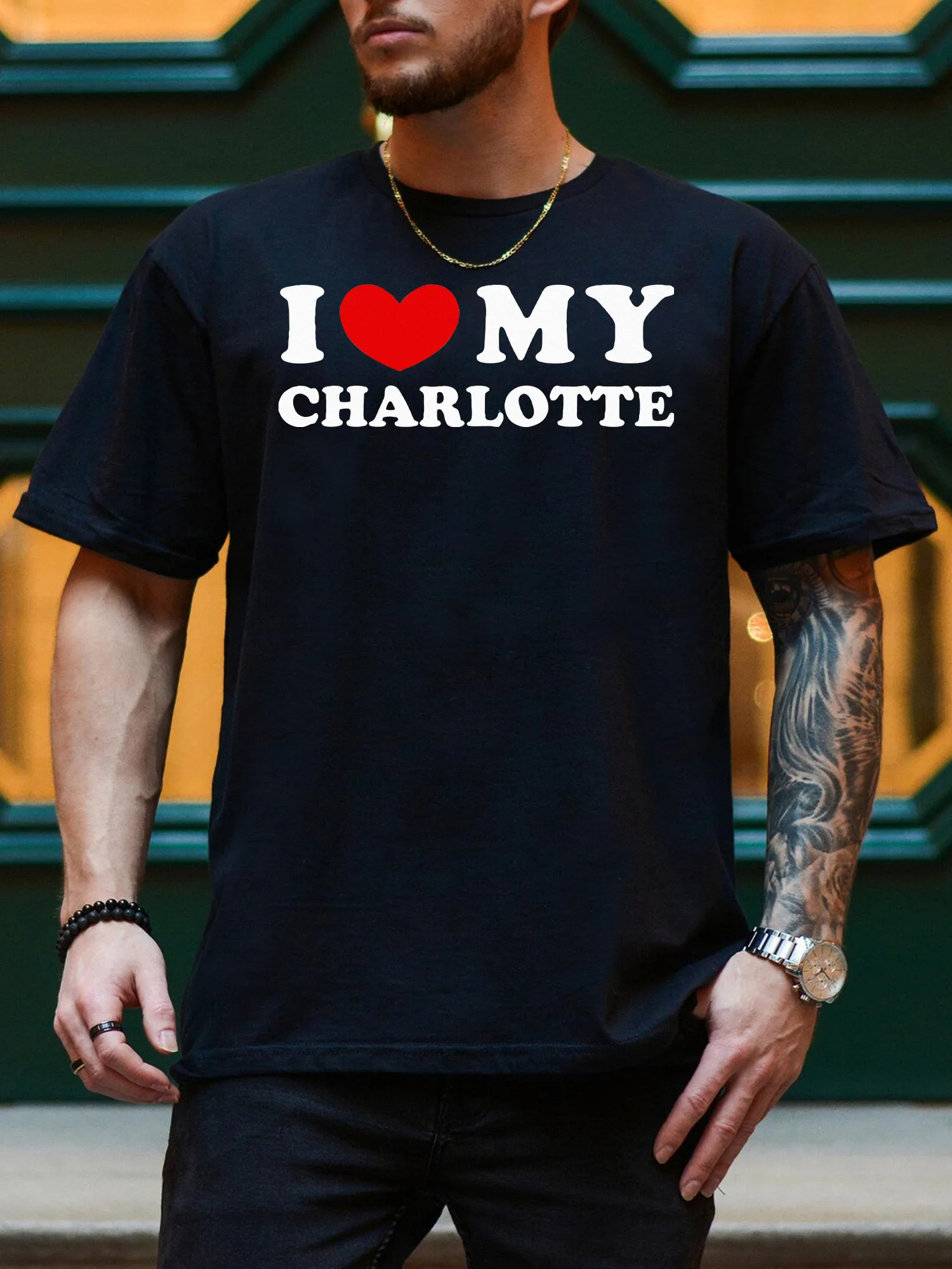 تي شيرت I Love My Charlotte للرجال برسوم جرافيك، تي شيرت أسود من القطن الخالص للاستخدام اليومي، تي شيرت خفيف الوزن برقبة دائرية