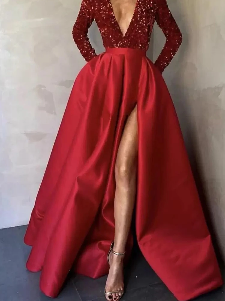 2024 Sequined Exquisite Evening Dresses Women Satin Deep V Neck A-Line Party Prom Gowns Elegant Sequins Pleat вечернее платье