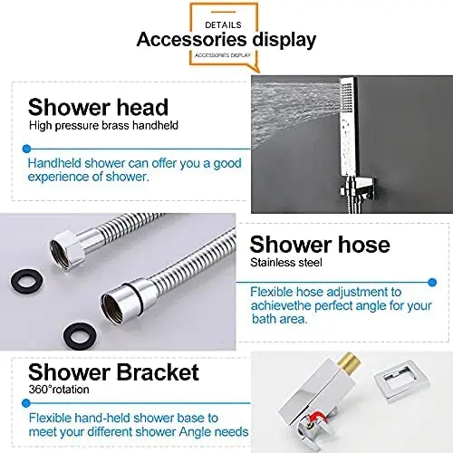 16-inch ceiling shower set, 6 body nozzles and brass hand shower, shower faucet pressure balance mixing valve