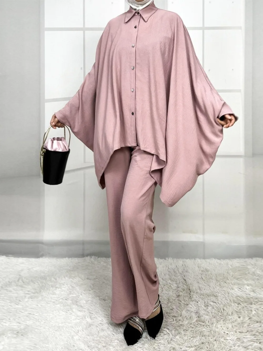 イード・ムスリムセット レディース バットスリーブ シングルブレストシャツ トップス ツーピースセット ブラウス ワイドレッグパンツスーツ アラビア ドバイ ムスリムアンサンブル