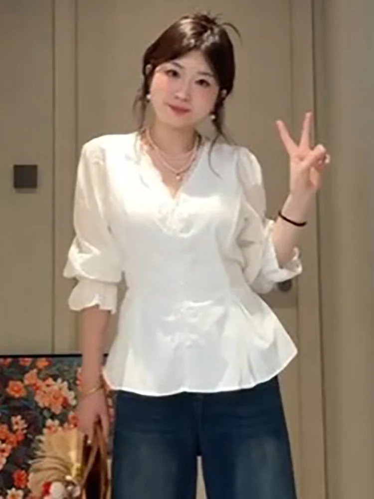 

plus Size Women's V-Neck Long Sleeve Shirt Slim Fit Waist Cinched Slimming White Commute Style Spring Fashion Top