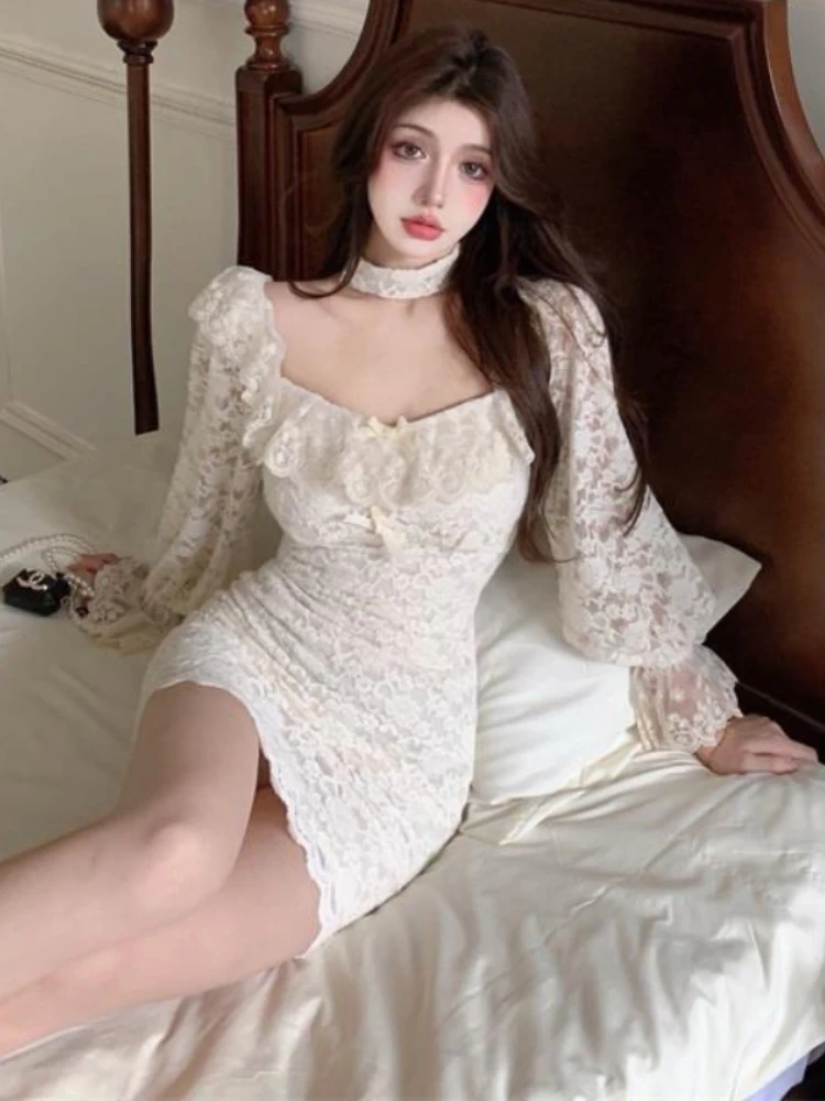 Dresses Women Sexy Popular Lace Streetwear Sheath Charming Solid Romantic Holiday Chic Flare Sleeve Design Elegant Square Collar