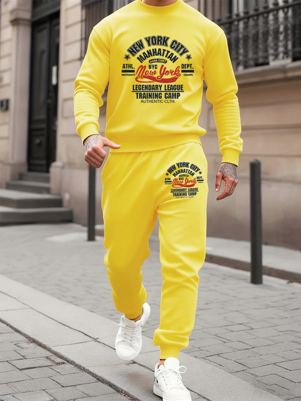 

2 Pcs Hoodies Set Men'S New York City Authentic Printed Sweatpants Winter Crewneck Loose Pants Hooded Sporty Fleece Warm Clothes