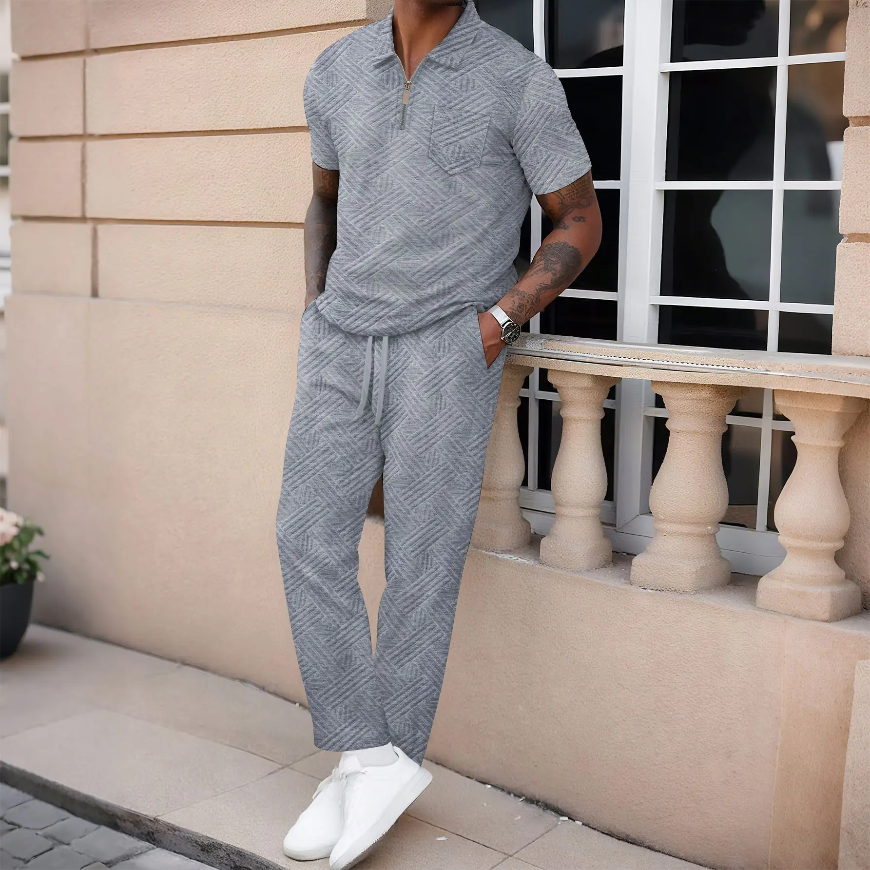 Men's Summer Trend Solid Color Collar Buttoned Jacquard Short-Sleeved Shirt And Pants Casual Suit