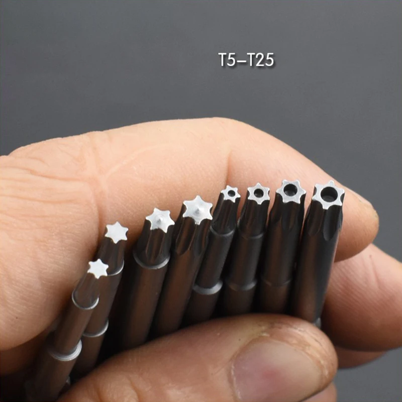 10pcs/lot 60mm Length S2 Magnetic 801 Electric 5mm Round Shank Torx Screwdriver bit T8 T9 T10 T15 T20 T25 with hole/without hole