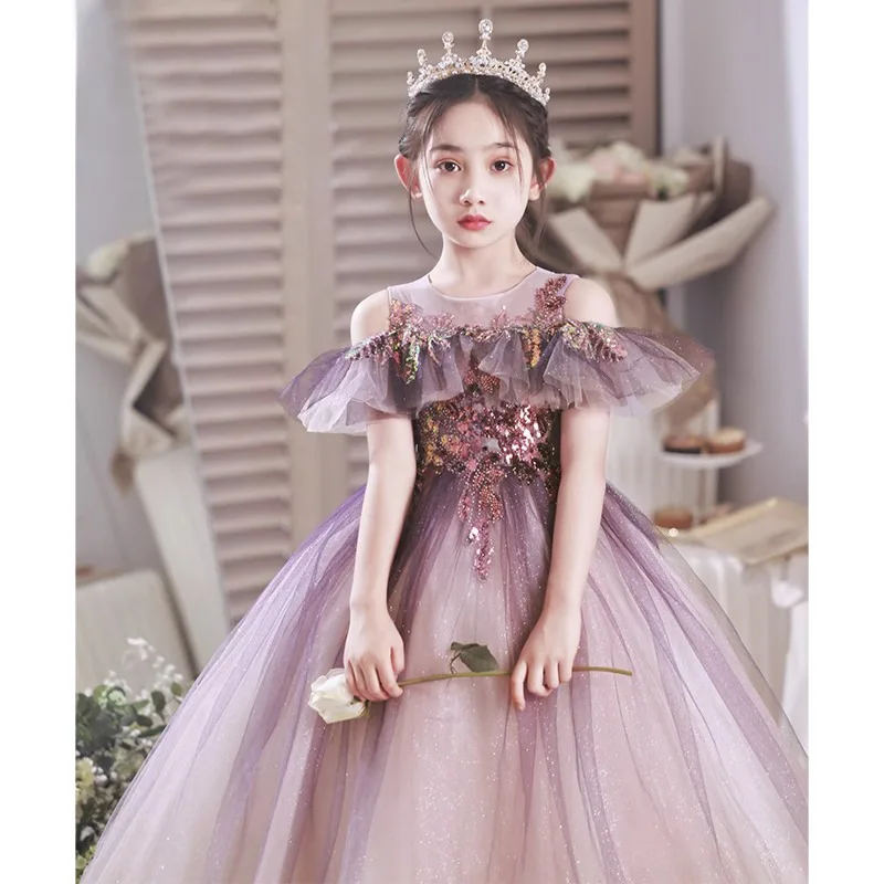 Flower Girls Birthday Party Princess Purple Off Shoulder Haftowana suknia ślubna Prom New Year Puszysta tiulowa sukienka dziecięca