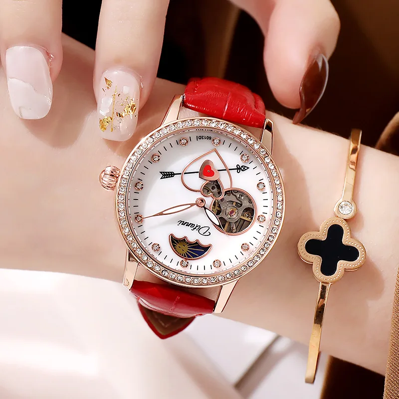 Relojes mecánicos automáticos con caja de oro rosa para mujer, relojes de pulsera con flechas de Cupido de diamante, reloj de cuero rosa para mujer,