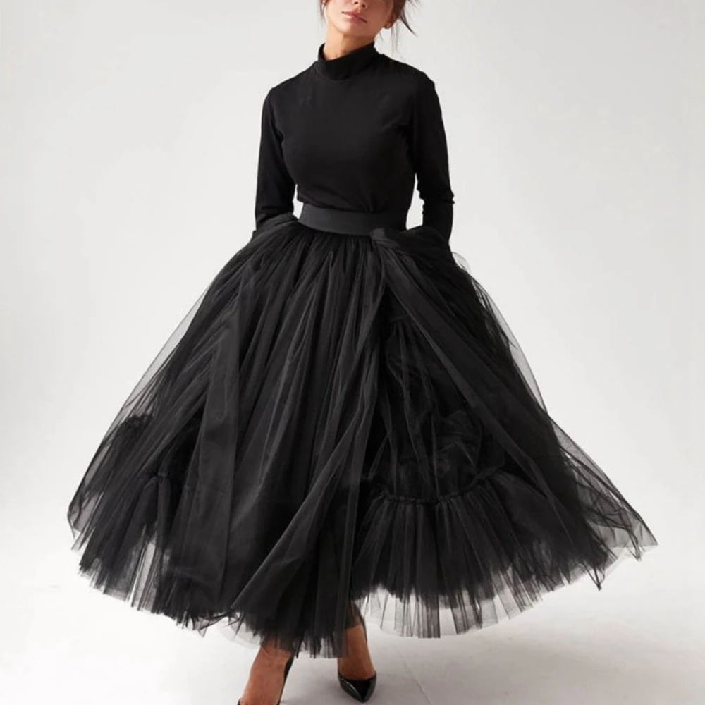 2023 Very Puffy Black Tulle Skirts Ankle Length Ruched Tulle Skirt Women Summer Bottom High Street Tutu Skirt Saias Mulher