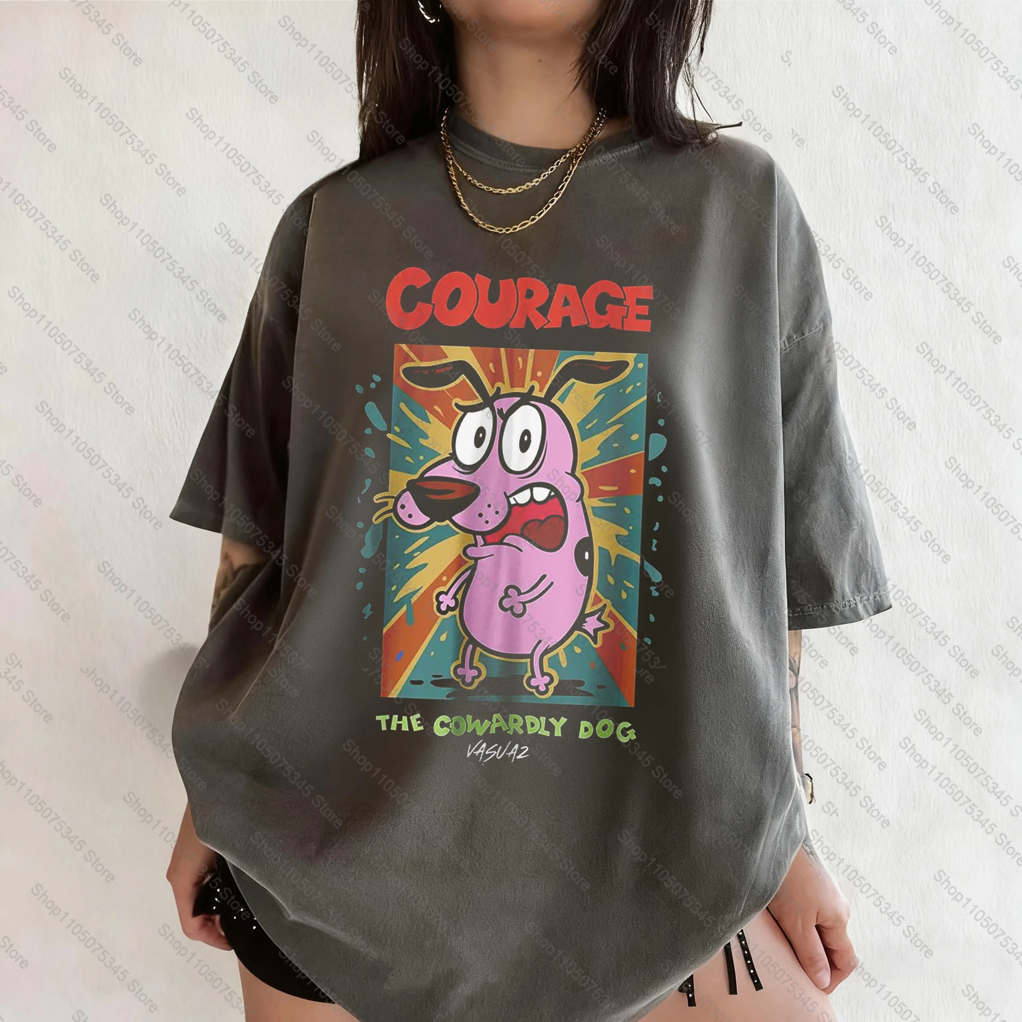 خمر الشجاعة الجبناء الكلب الكرتون طباعة تي شيرتات قصيرة الاكمام ريترو للجنسين الجرافيك المحملة 90s الحنين الصيف الشارع الشهير المحملة