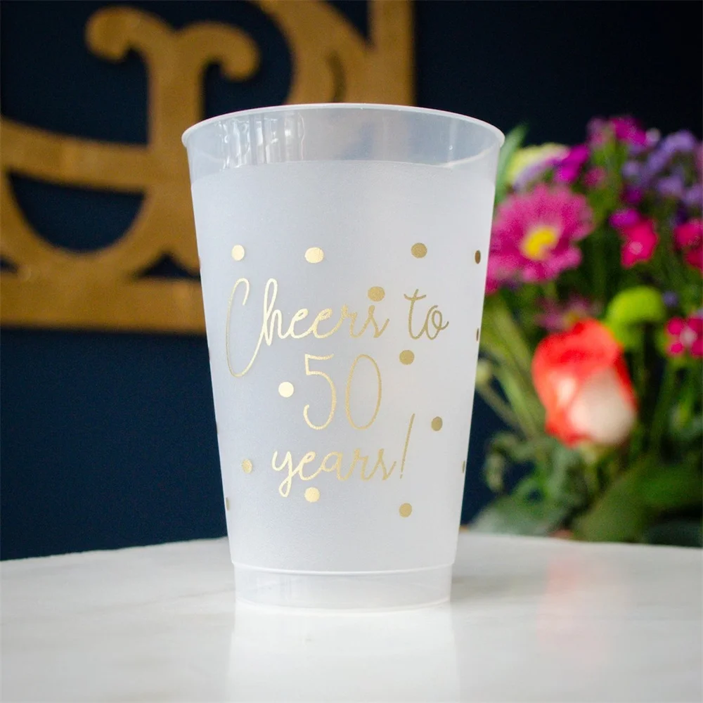 

50th Anniversary Party Cups, Cheers to 50 Years, Metallic Gold Party Supplies, Custom Shatterproof Cups, Frosted Plastic Cups, P