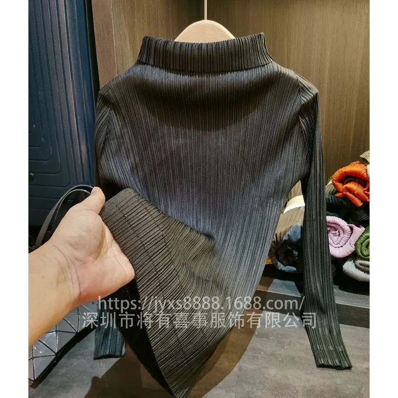 Miyake Pleated Solid Color Long-sleeved T-shirt Stand-up Collar Slim Fall Winter New Simple Commuter Bottoming Shirt Top Women's