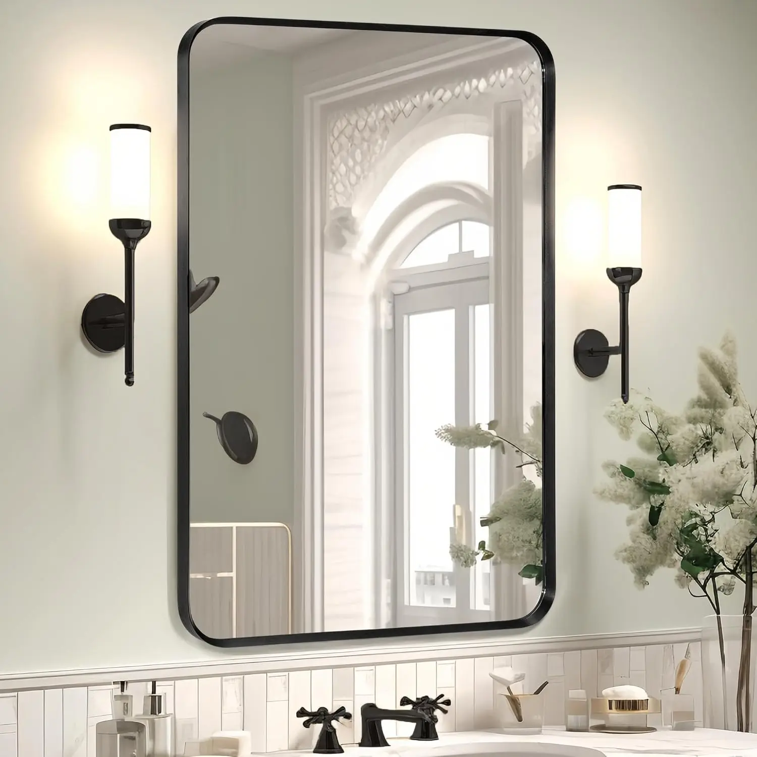 Wall Mount Mirror For Bathroom, Brushed Black Metal Framed Rounded Corner Rectangular Vanity Mirror (24