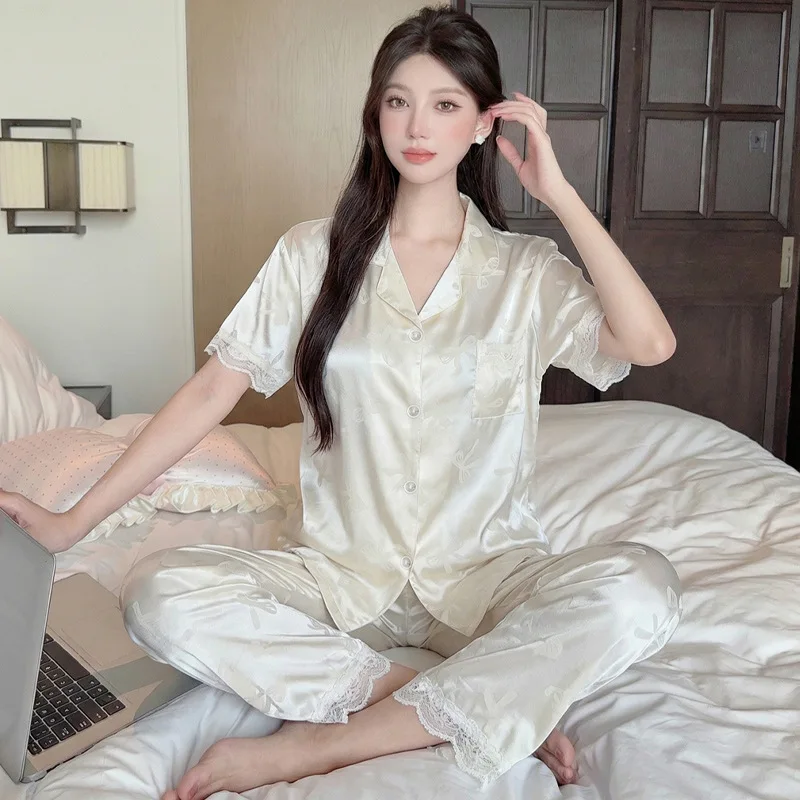 Court-Style Ice Silk Cool Feeling Pajamas for Women, Summer Short-Sleeve and Long Pants with Bow Jacquard, High-End Home Wear