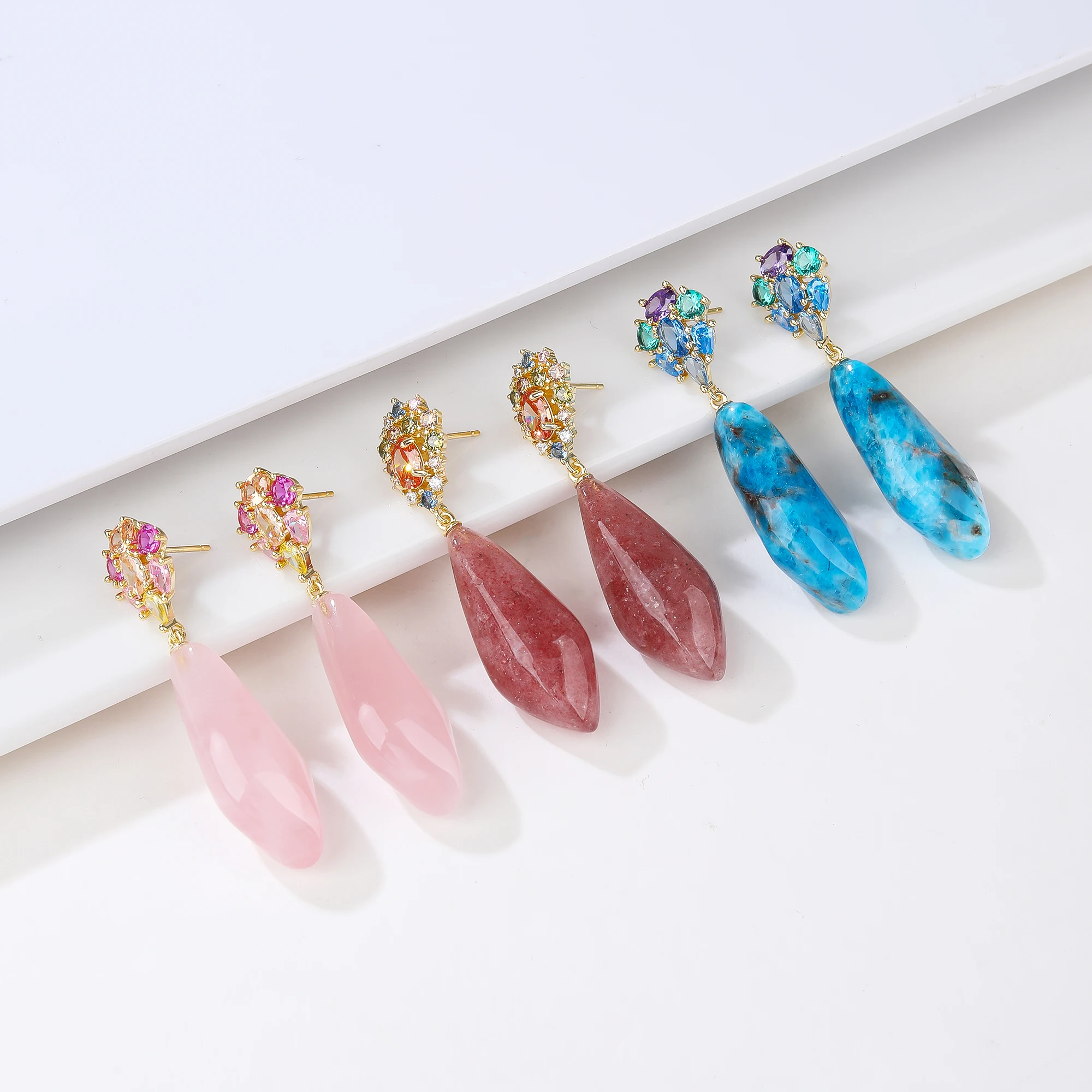 

3 Mark Plated Luxury Natural Rose Quartz Blue Apatite Pendant Earrings with American Diamonds Inlaid for Ladies' Party