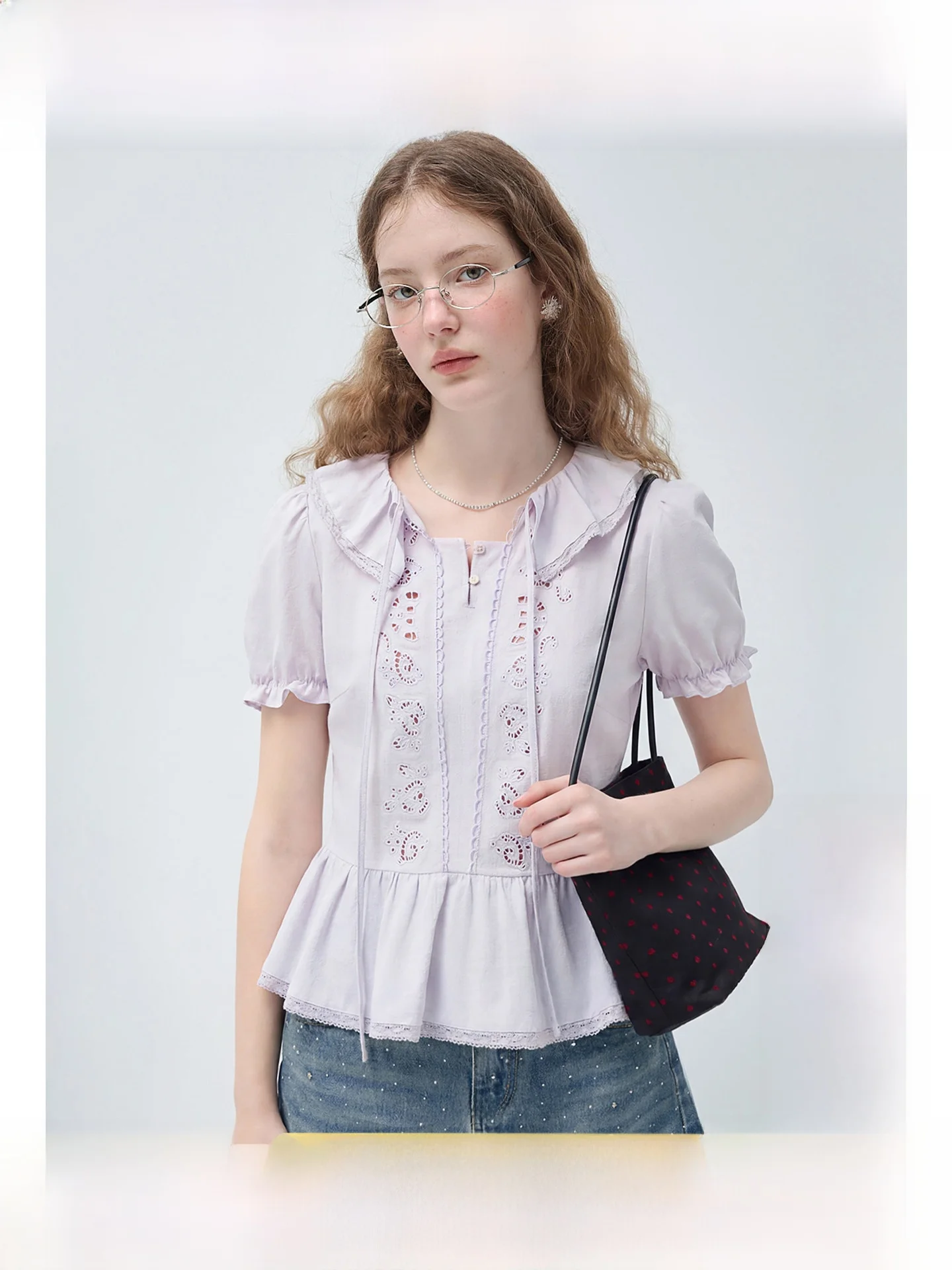 

Rui plus Size Women's Hollow out Shirt Short Sleeve Slimming Top Summer Versatile Bubble Sleeve Korean Style Office Wear