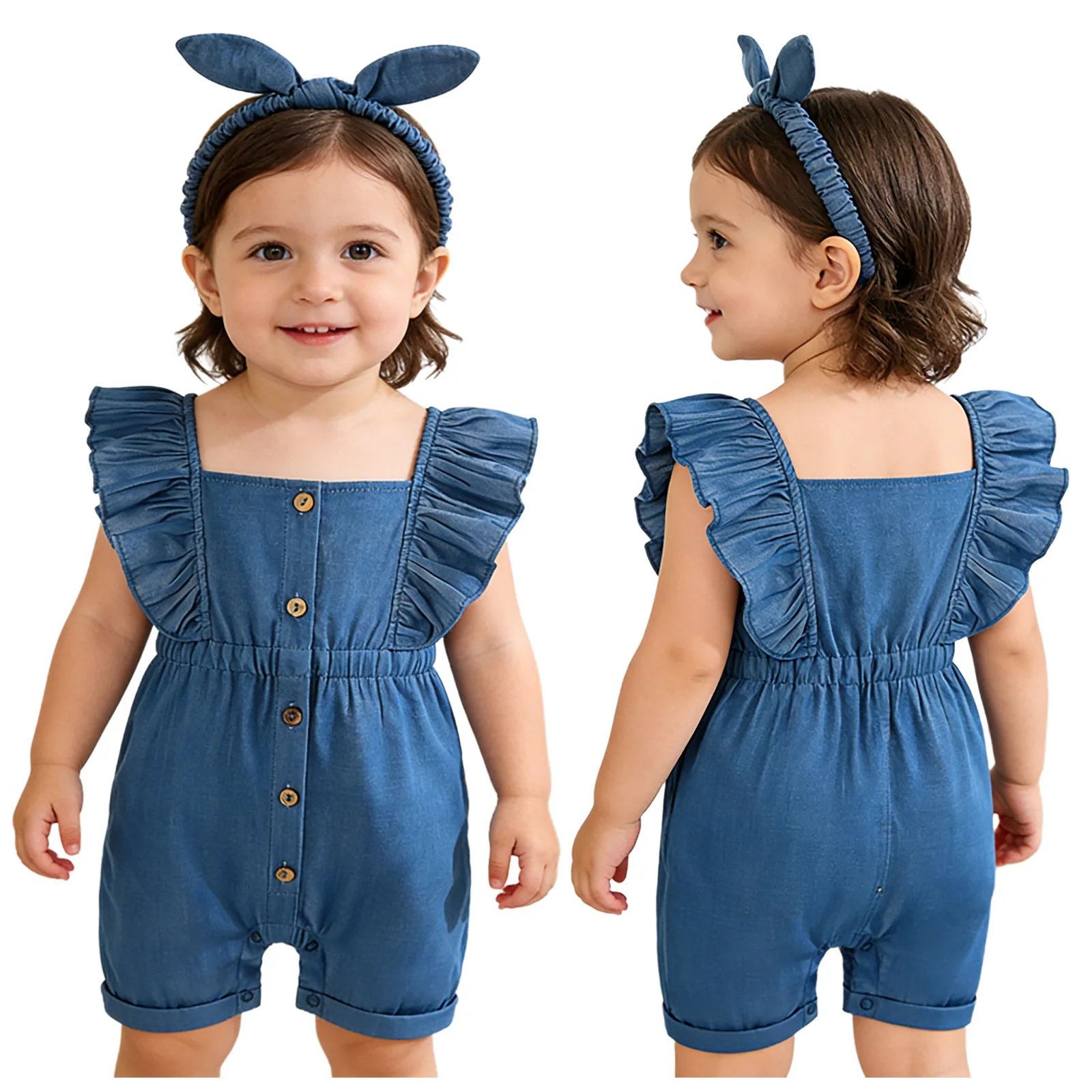 

Летний модный повседневный джинсовый комбинезон для девочек с рюшами и повязкой на голову для ежедневной носки, дня рождения, фотосессии