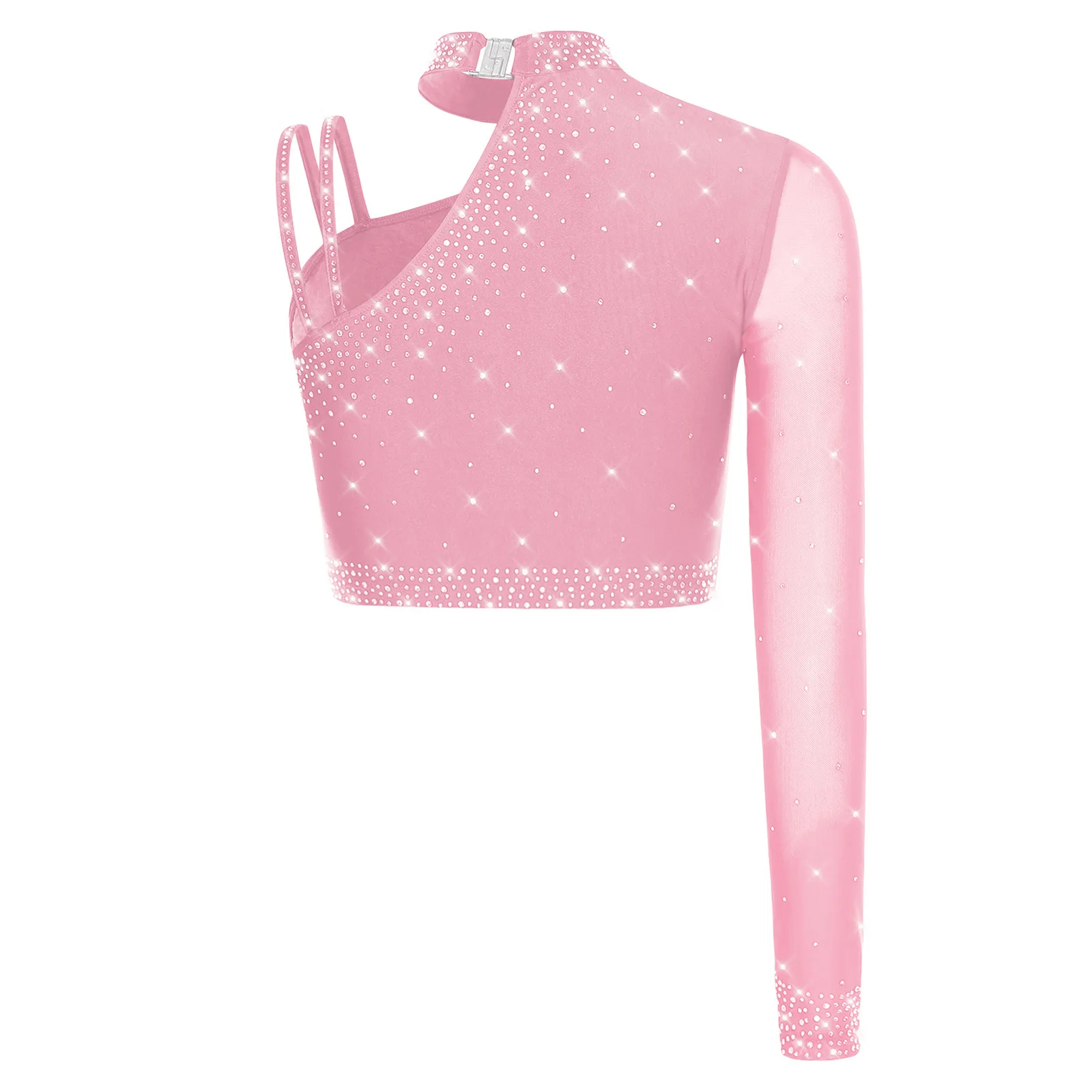 Damen Jazz Tango Latin Bauchtanz Cropped Tops Strass Single Langarm Asymmetrisches Top für moderne Dancewear Performance