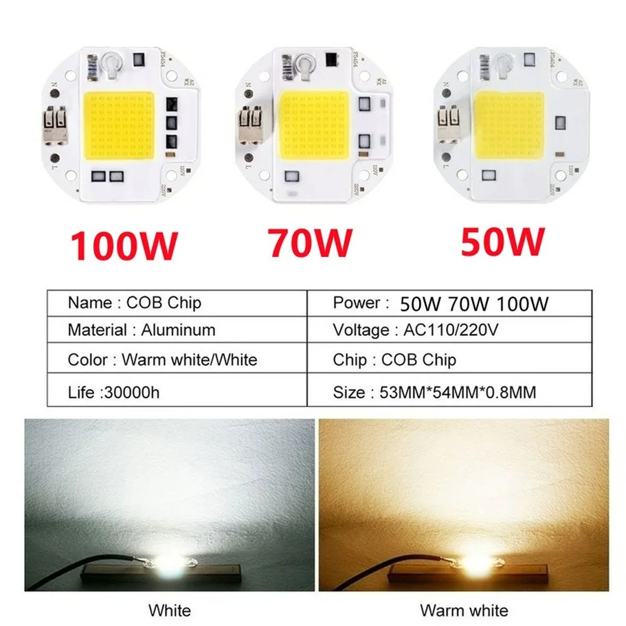 Livre de soldagem 100w 70 50 cob led chip para holofote holofote 220v 110v integrado contas de luz led alumínio f5454 branco quente