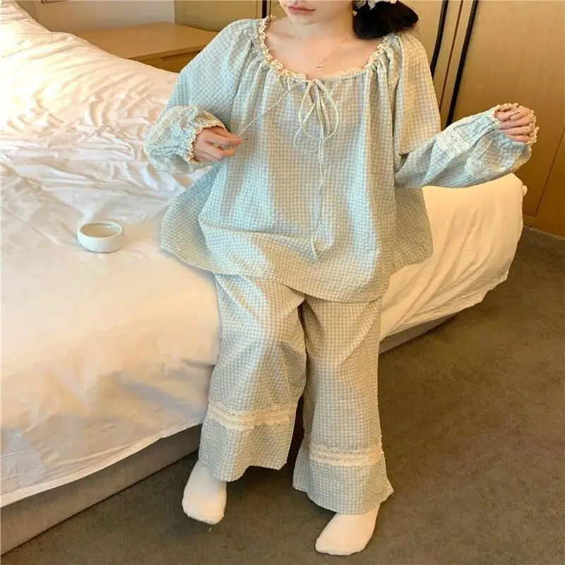 

Pajama Women Spring Autumn Korean Sweet Lace Stripe Long Sleeve Pants Simple Plaid Homewear Two Piece Set Student Casual Home