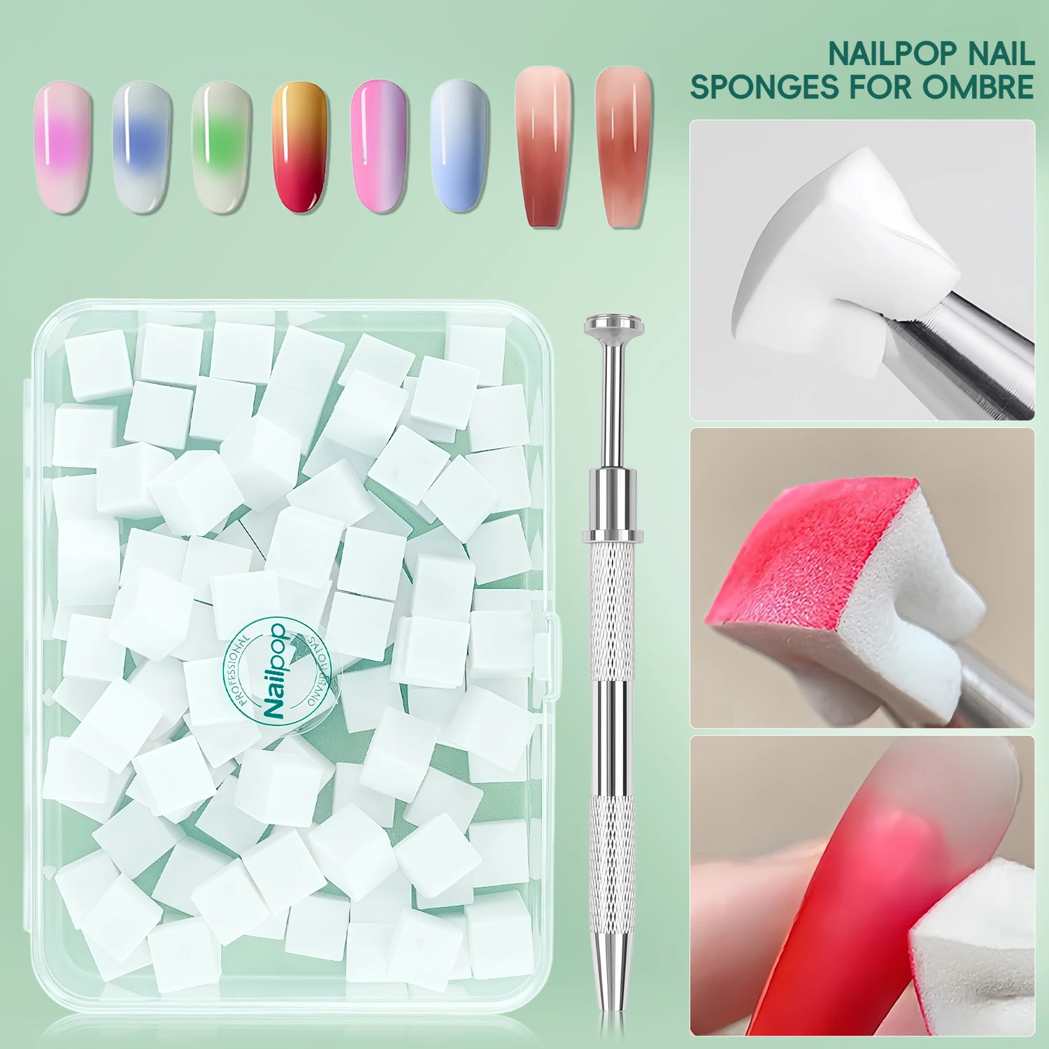

Nailpop 100pcs Nail Sponges for Ombre with 1PCS Grabbing Pen For Nail Designs Gradient Nail Accessories Replaceable Sponge Block