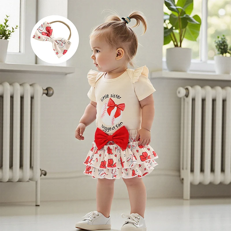 طفلة الصيف الزي البيسبول إلكتروني القوس طباعة قصيرة الأكمام رومبير تكدرت تنورة وعقال القوس مجموعة 3 قطع #5